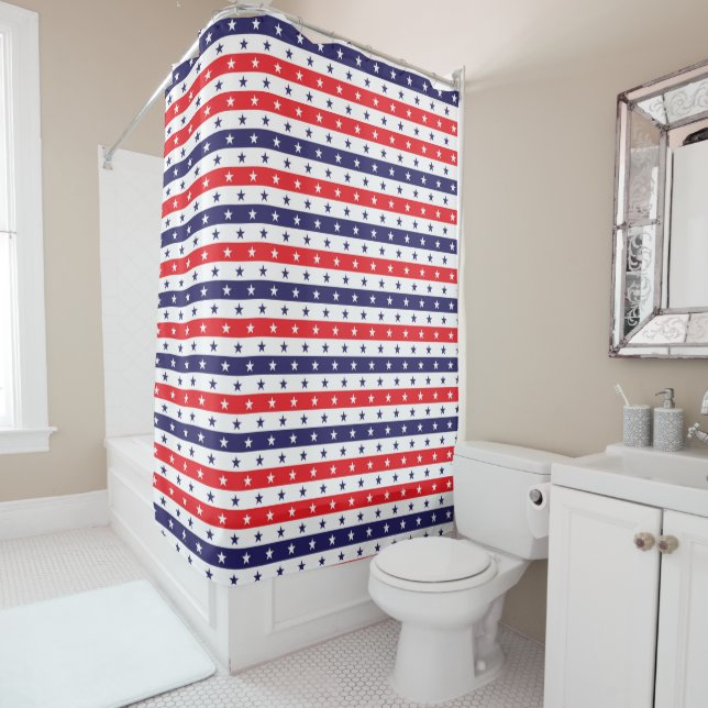 Rideaux De Douche Étoiles et bandes rouges blanches et bleues (En situation)