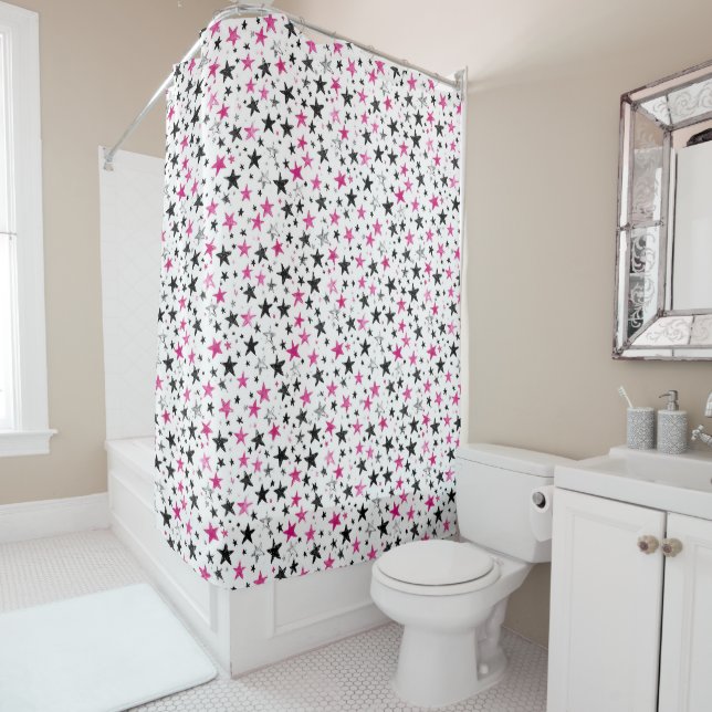 Rideaux De Douche Étoiles Noir Argent Rose (En situation)