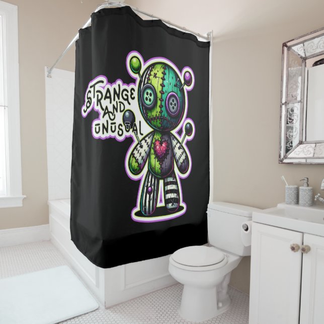 Rideaux De Douche Étrange et Insolite Ours Voodoo Cœur Vert Violet (En situation)