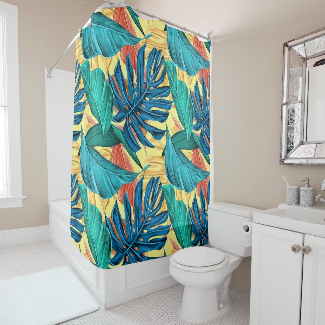 Rideaux De Douche Exotic Tropical Leaves on Lemon Yellow (En situation)