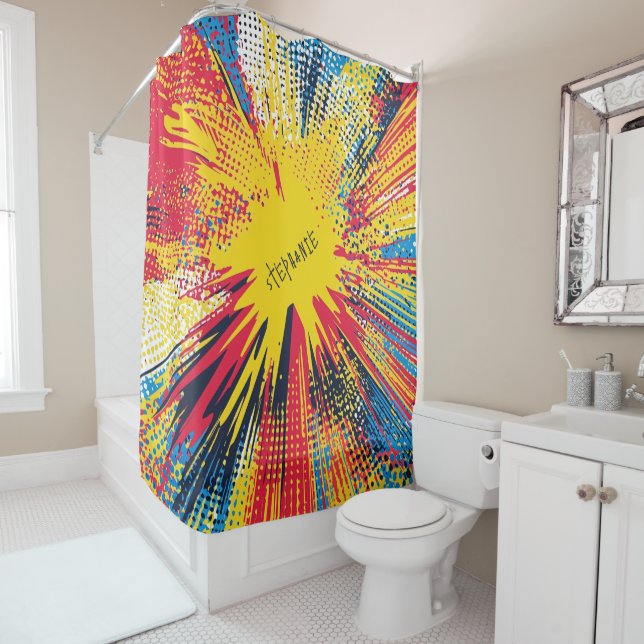 Rideaux De Douche Explosion de pop art rétro jaune comic (En situation)