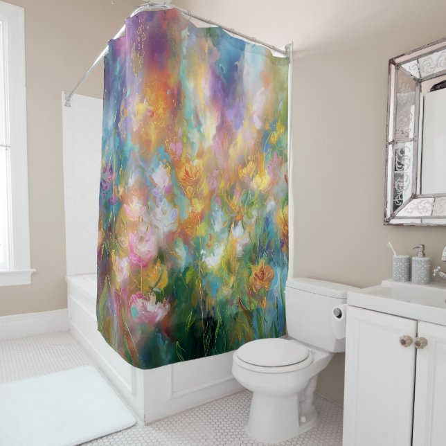 Rideaux De Douche Explosion florale cosmique abstraite dans des coul (En situation)