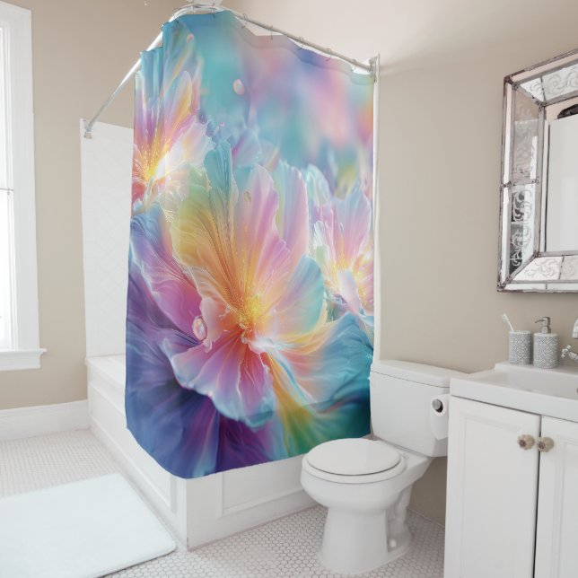 Rideaux De Douche Explosion florale cosmique abstraite en pastel (En situation)