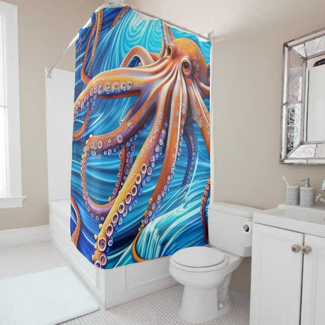 Rideaux De Douche Expressionnisme majestueux Octopus Blue Ocean Wave (En situation)