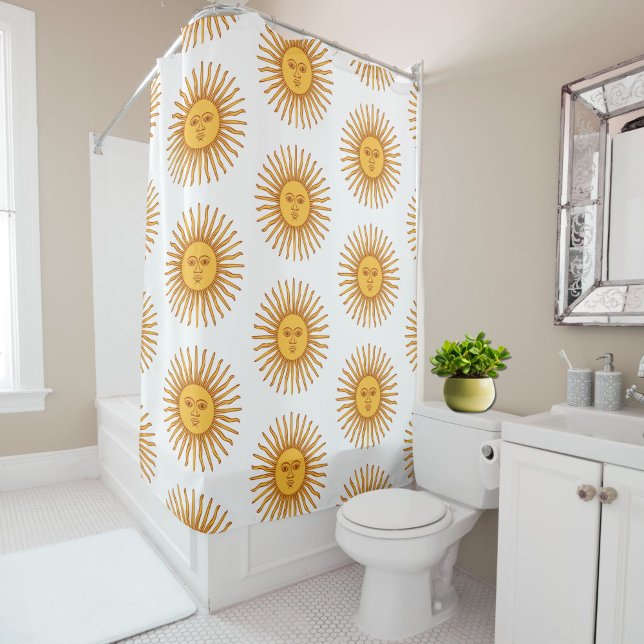 Rideaux De Douche Face céleste jaune soleil sur blanc Élégant (This elegant yellow celestial sunburst shower curtain will brighten up your day!)