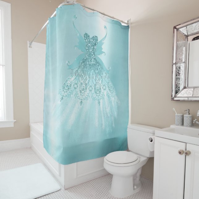 Rideaux De Douche Fairy Wing Mint Gown | Luxe Pearl Green Aqua Sheen (En situation)