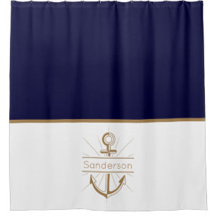 Rideaux De Douche Famille nautique Monogramme Marine Blue Gold Ancre