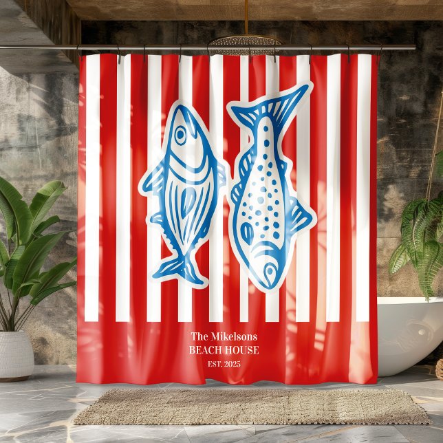 Rideaux De Douche Famille personnalisée Stripes de sardine rouge mar (Créateur téléchargé)
