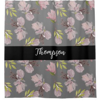 Rideaux De Douche Famille stylée nom rose flora gris et noir