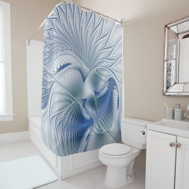 Rideaux De Douche Fantaisie dynamique Abstrait Tons bleus Art fracta (En situation)