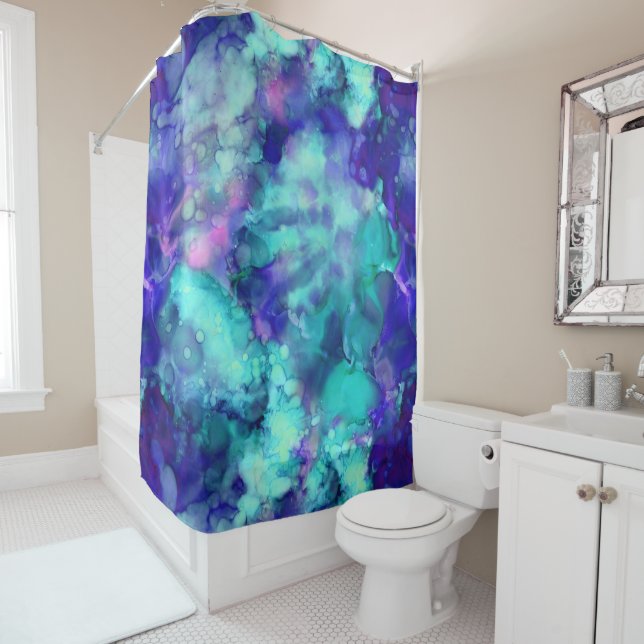 Rideaux De Douche fantaisies bleues aquarelles : (En situation)