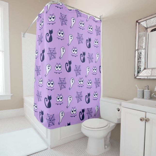 Rideaux De Douche Fantôme, Toiles d'araignées et Chats noirs Violet (En situation)