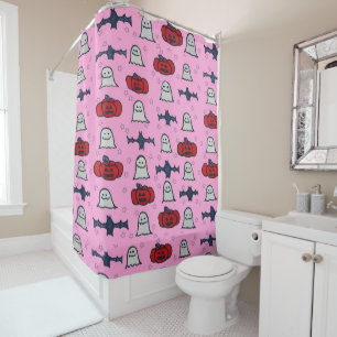 Rideaux De Douche Fantômes d'Halloween rose, chauves-souris et Jack