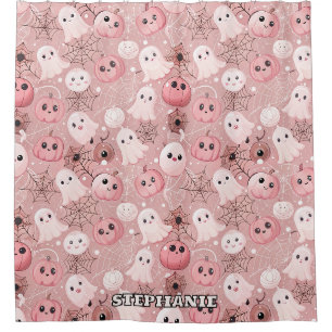 Rideaux De Douche Fantômes roses et Halloween lunaire Citrouille