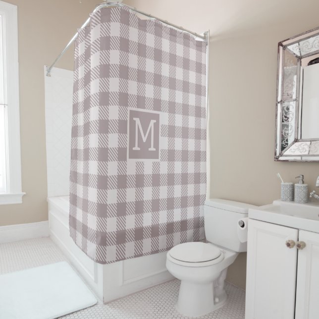 Rideaux De Douche Farmhouse Buffalo Check Plaid Beige Monogramme (En situation)