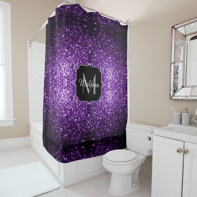 Rideaux De Douche Faux pailleté brillant violet foncé Monogramme (En situation)