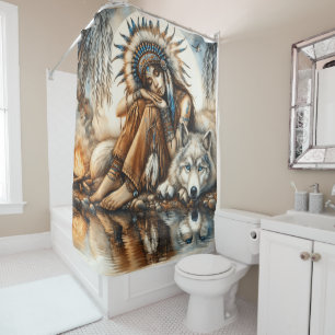 Rideaux De Douche Femme amérindienne et loup par l'eau sereine