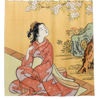 Rideaux De Douche Femme Assis Sous Les Fleurs De Cerisiers