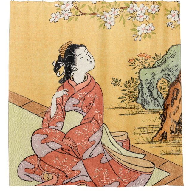 Rideaux De Douche Femme Assis Sous Les Fleurs De Cerisiers (Devant)