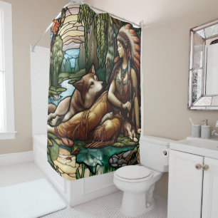 Rideaux De Douche Femme autochtone avec compagnon de loup loyal