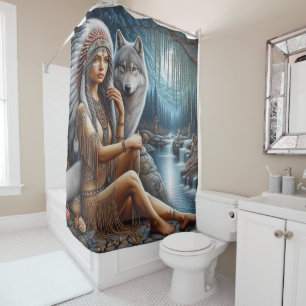 Rideaux De Douche Femme autochtone et loup par le ruisseau
