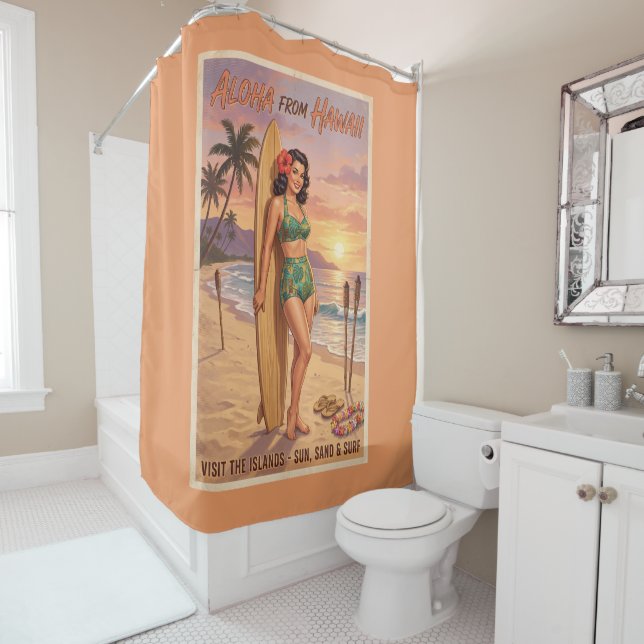 Rideaux De Douche Femme Hawaïenne de Style Rétro Épinglée (En situation)