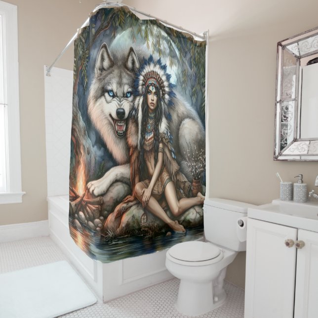 Rideaux De Douche Femme indienne et loup dans la forêt (En situation)