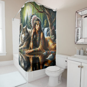 Rideaux De Douche Femme indienne fascinante avec un loup loyal