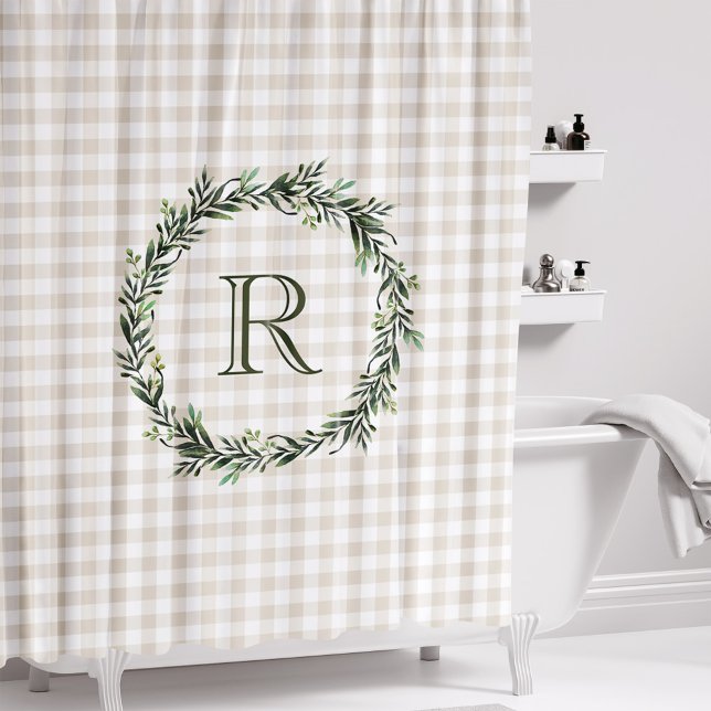 Rideaux De Douche Ferme Buffalo Beige Plaid Wreath Monogramme (Créateur téléchargé)
