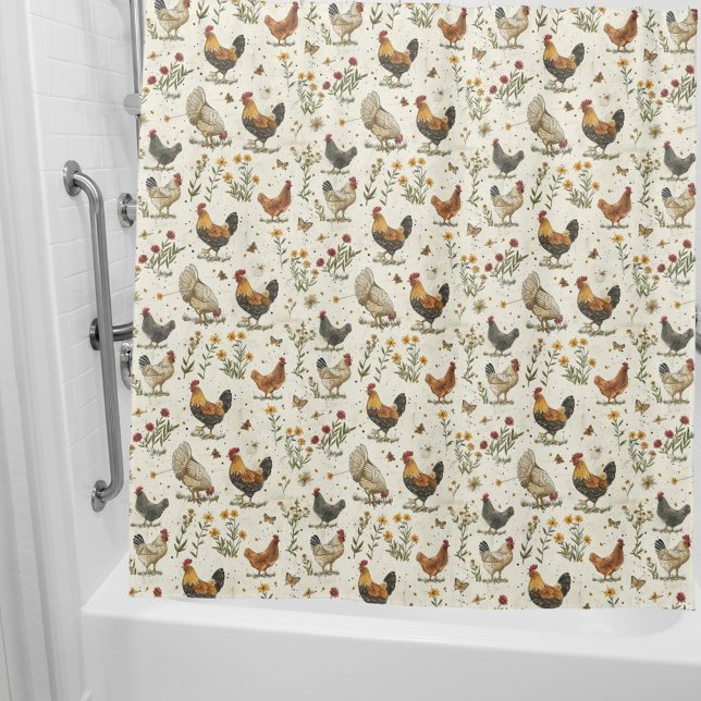 Rideaux De Douche Ferme des poules de coq beige rétro (Créateur téléchargé)