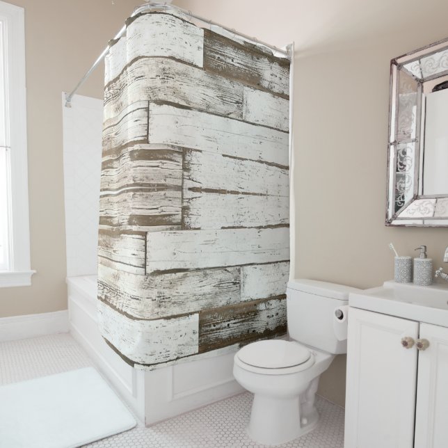 Rideaux De Douche ferme rustique grange beige gris blanc bois (En situation)