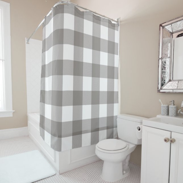 Rideaux De Douche Ferme Rustique Gris & Blanc Buffalo Plaid Carré (En situation)