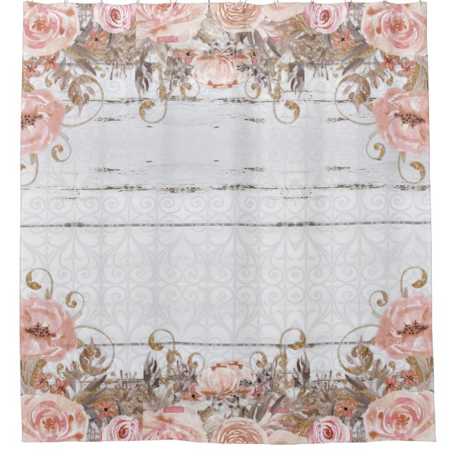 Rideaux De Douche Ferme rustique Pays rose Bois gris floral (Devant)