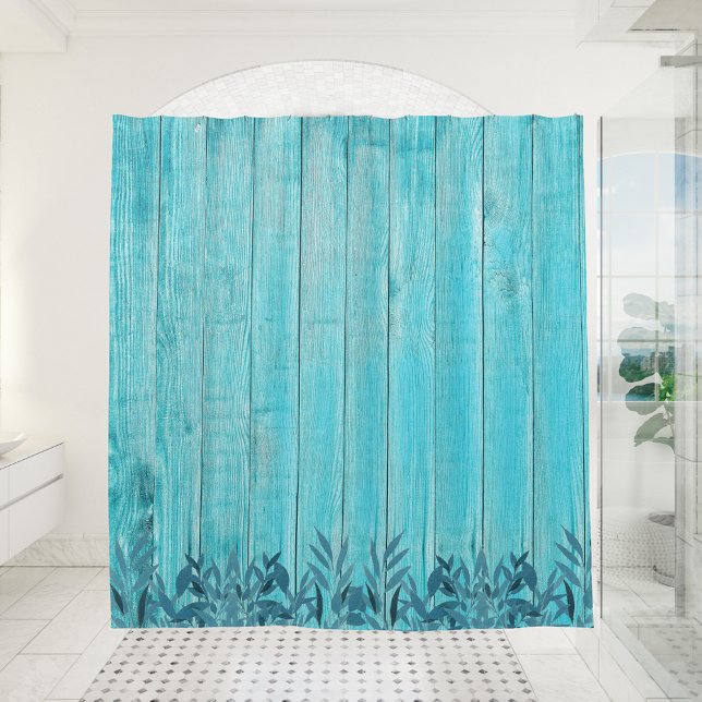 Rideaux De Douche Ferme Turquoise Distressed Wood Blue Foliing (Créateur téléchargé)