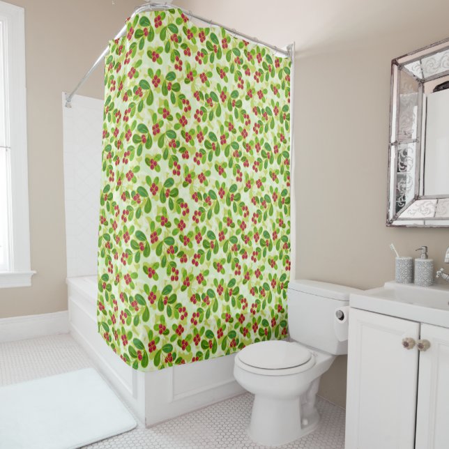 Rideaux De Douche Festive Motif de fruits de canneberge, vert (En situation)