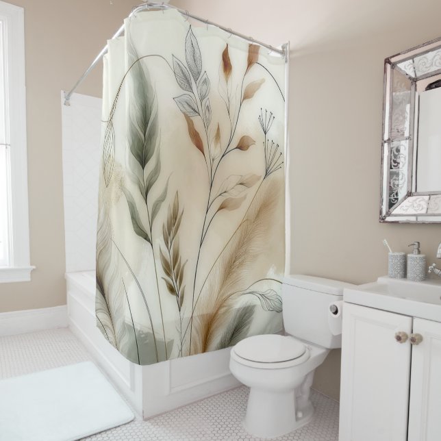 Rideaux De Douche Feuillage Clair Botanique Moderne Bohème  (En situation)