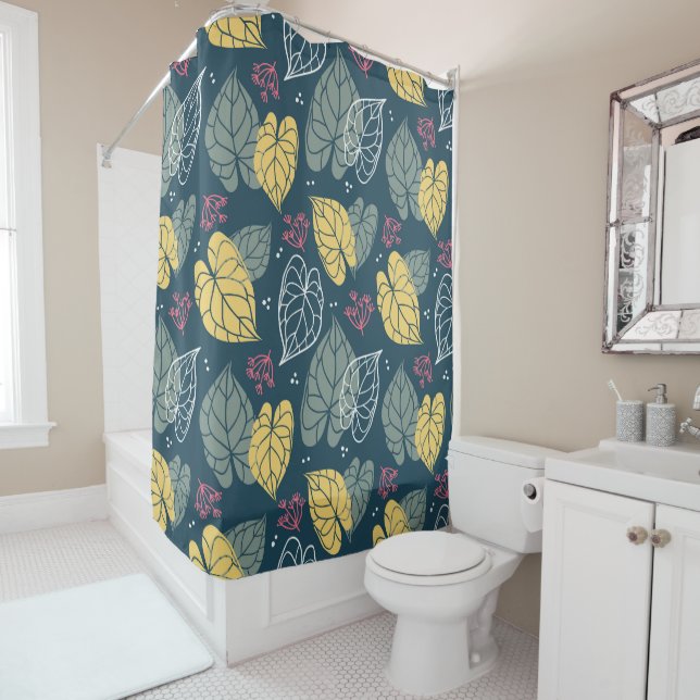 Rideaux De Douche Feuille tropical motif jaune vert et rose (En situation)