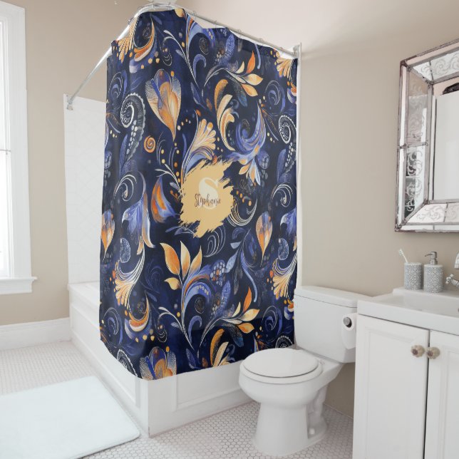 Rideaux De Douche Feuilles Abstraits Paisley bleu et or (En situation)