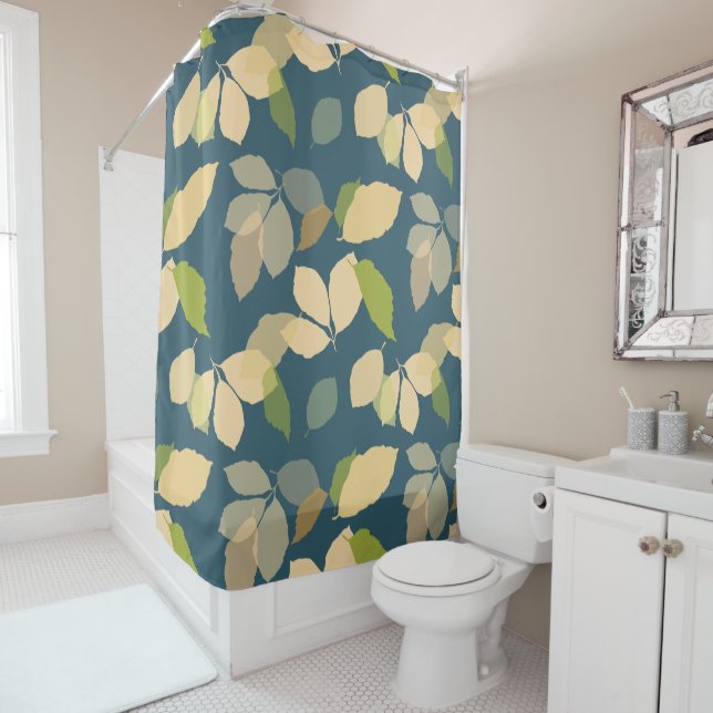 Rideaux De Douche Feuilles de automne modernes avec fond sarcelle (En situation)