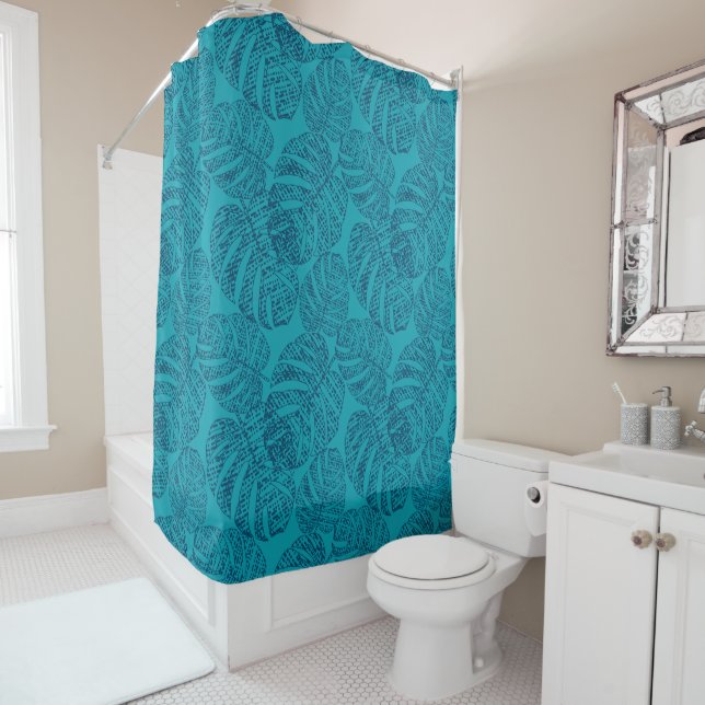 Rideaux De Douche Feuilles de la monstère bleue. (En situation)