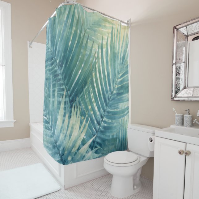 Rideaux De Douche Feuilles de palmier bleu sarcelle vert (En situation)