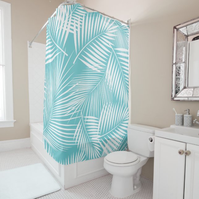 Rideaux De Douche Feuilles de palmier sur turquoise  (En situation)