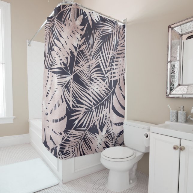 Rideaux De Douche Feuilles de palmier tropical rose doré foncé (En situation)