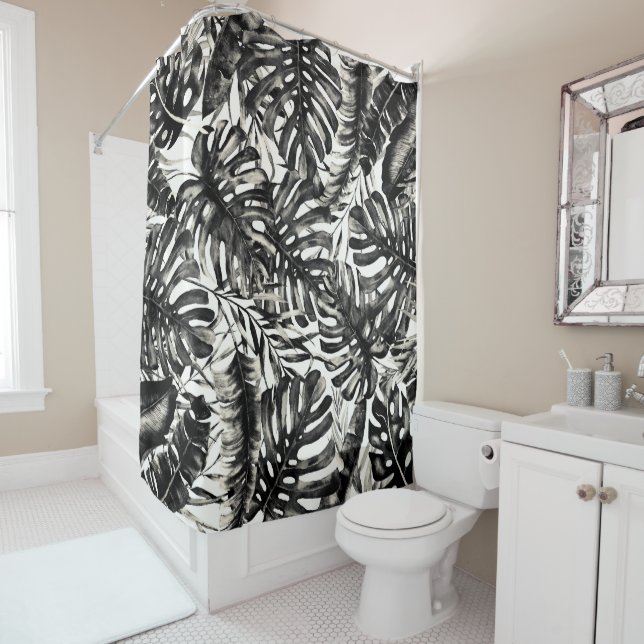 Rideaux De Douche Feuilles de palmier tropicales noir et blanc chic  (En situation)
