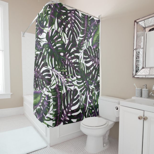 Rideaux De Douche Feuilles de palmier tropicales vertes violettes ét (En situation)