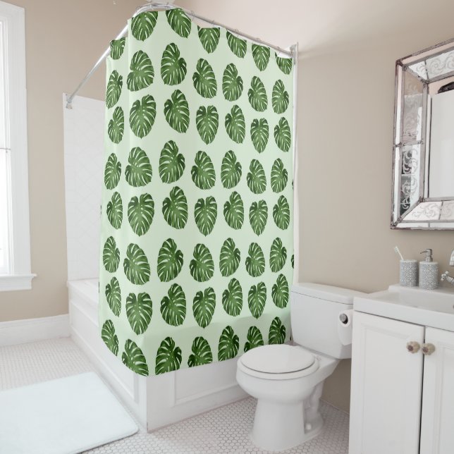 Rideaux De Douche Feuilles de palmiers, Feuilles verts, Motif tropic (En situation)