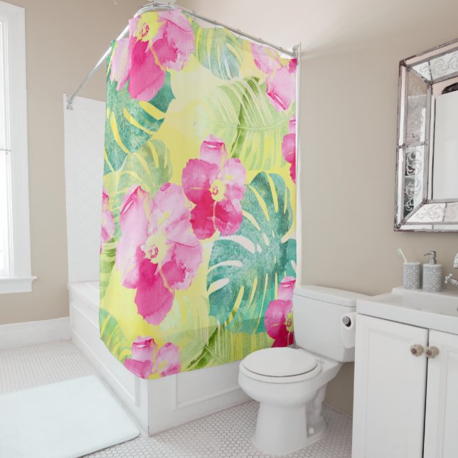 Rideaux De Douche Feuilles de palmiers tropicaux et fleurs d'Hibiscu (En situation)
