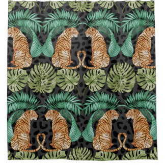 Rideaux De Douche Feuilles de tigres : Aquarelle Jungle sans joint.