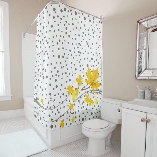 Rideaux De Douche Feuilles d'érable jaune et pois gris (En situation)