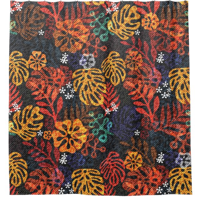 Rideaux De Douche Feuilles exotiques sur denim, impression transpare (Devant)